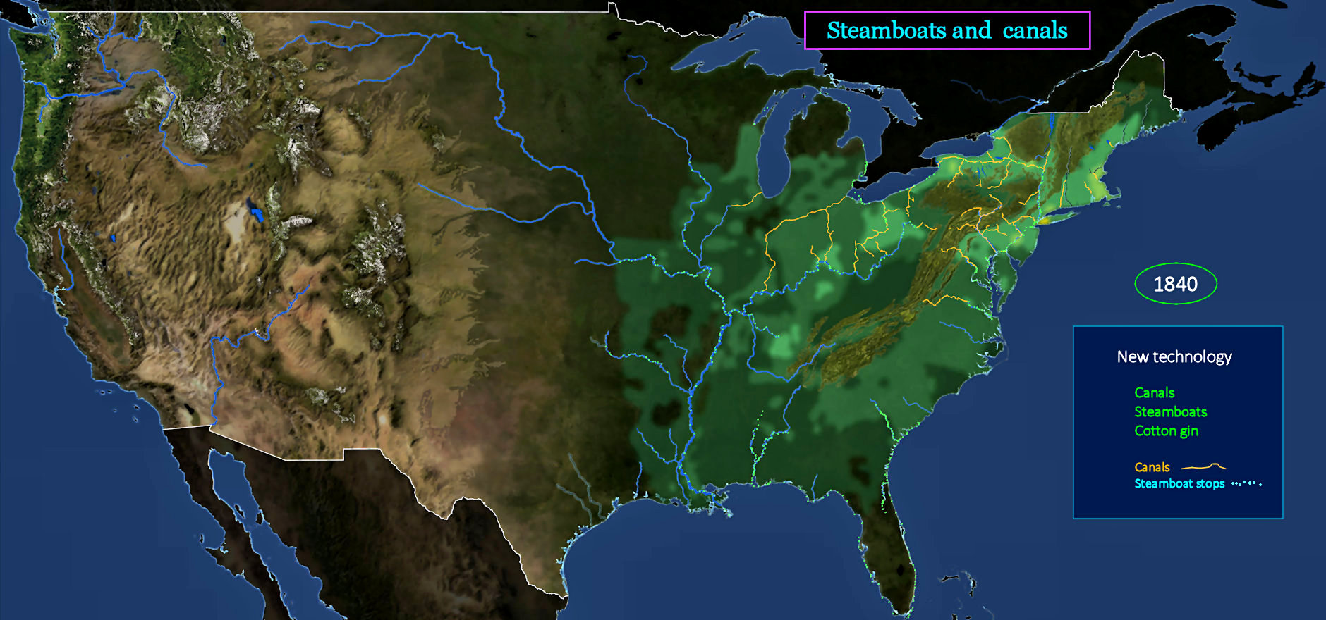 Steamboats and canals, 1840 map
